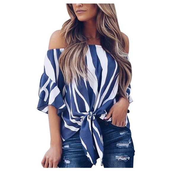Tops - Striped Off Shoulder Tie Front Top